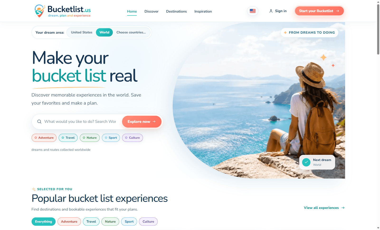 Bucketlist.us in English, with World selected